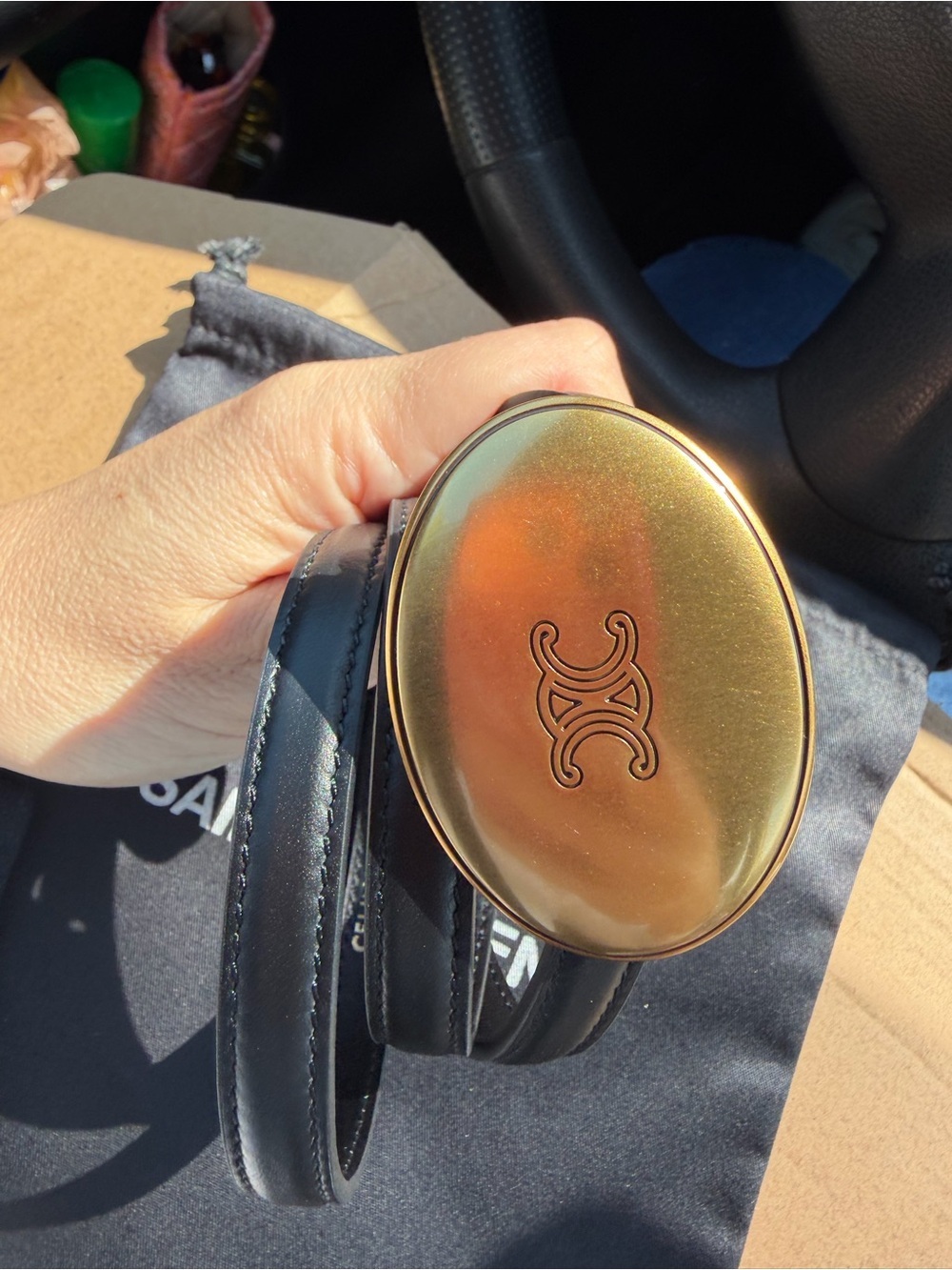 Celine Gold Oval Bracelet with Black Leather Strap - Picture 3 of 5